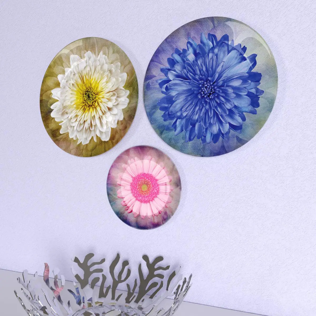 Set of 3 Decorative Wall Plates With Flower Art Design, Wall Hanging Plate