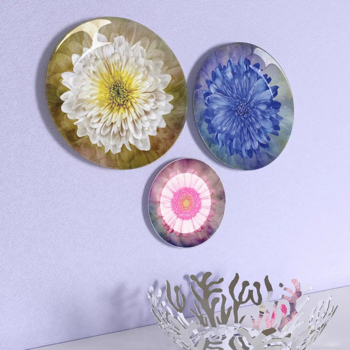 Set of 3 Decorative Wall Plates With Flower Art Design, Wall Hanging Plate