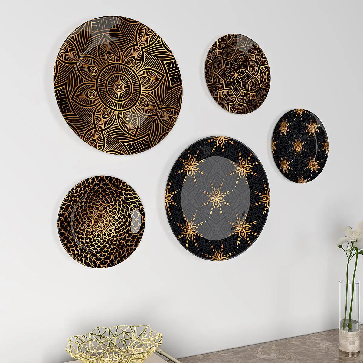 Decorative Wall Plates In Black Golden Abstract Floral Design Set Of 5
