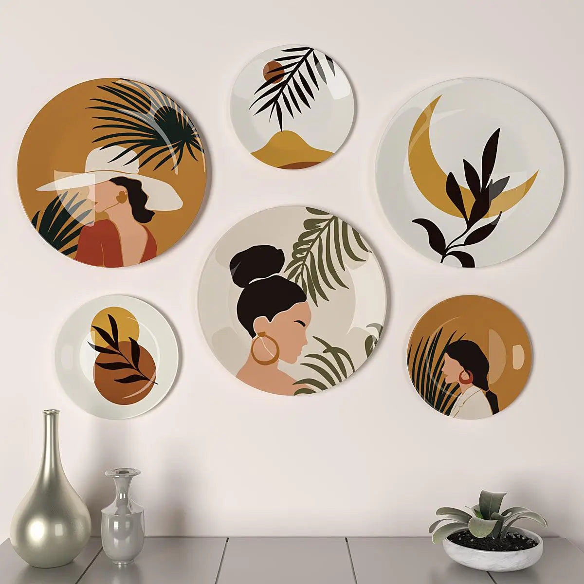 Homscape - Decorative Wall Plates In Boho Chic Ladies Design Set Of 6