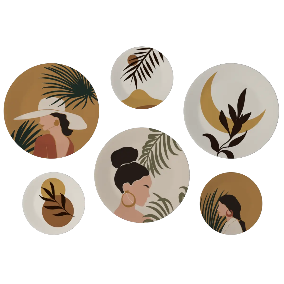 Decorative Wall Plates In Boho Chic Ladies Design Set Of 6