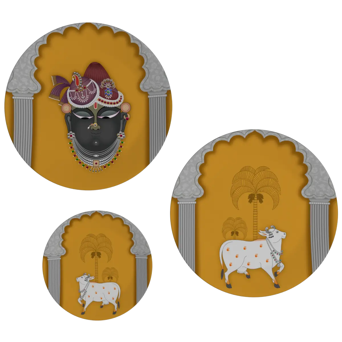Decorative Wall Plates In Krishna & Kamdhenu Picchwai Design Set Of 3
