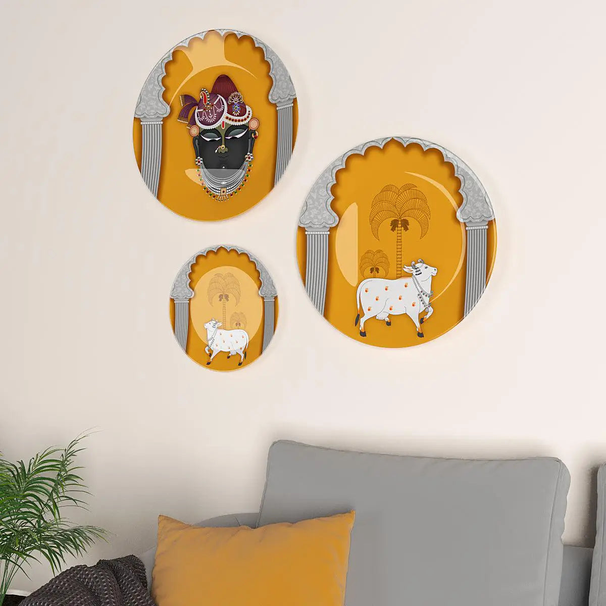 Decorative Wall Plates In Krishna & Kamdhenu Picchwai Design Set Of 3