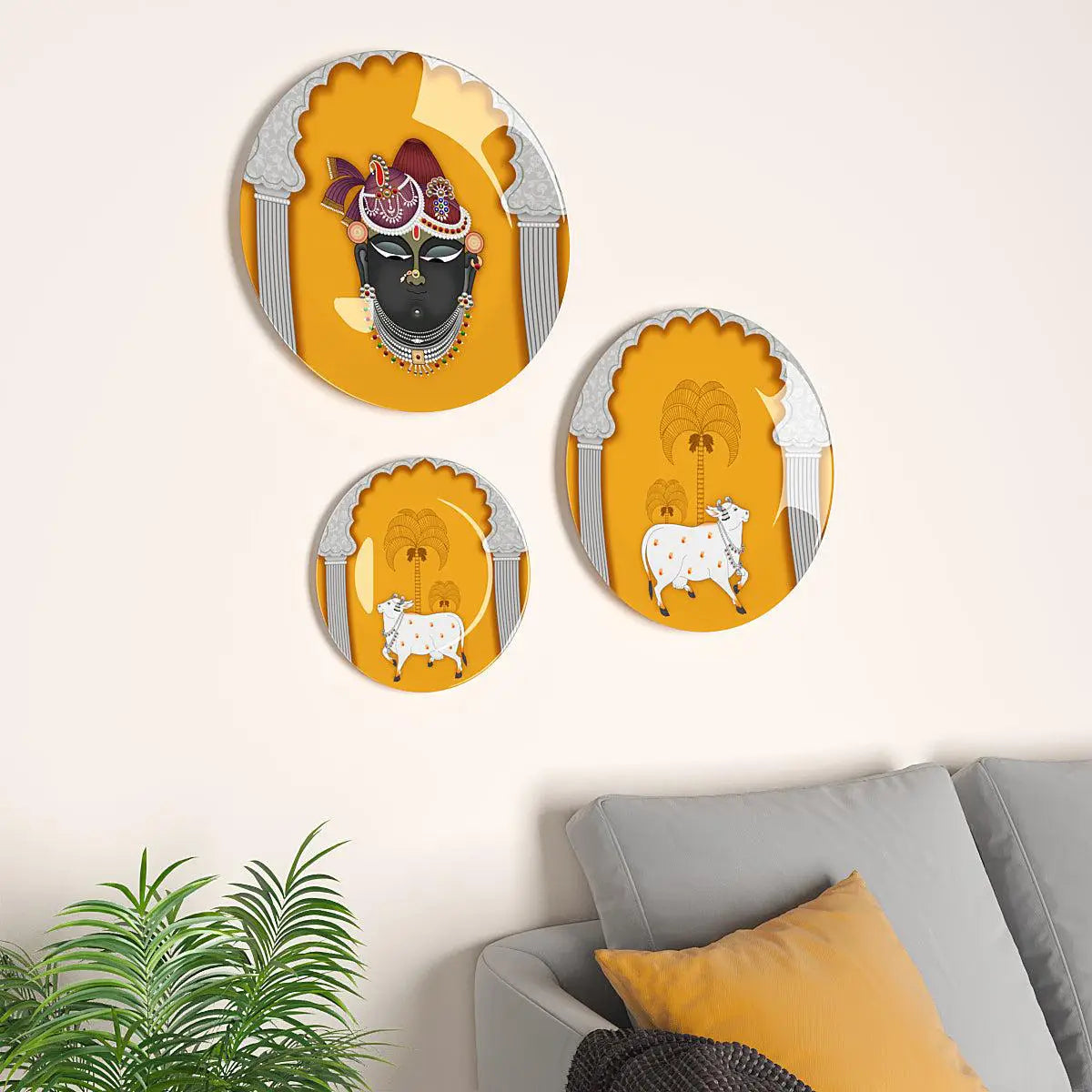 Decorative Wall Plates In Krishna & Kamdhenu Picchwai Design Set Of 3