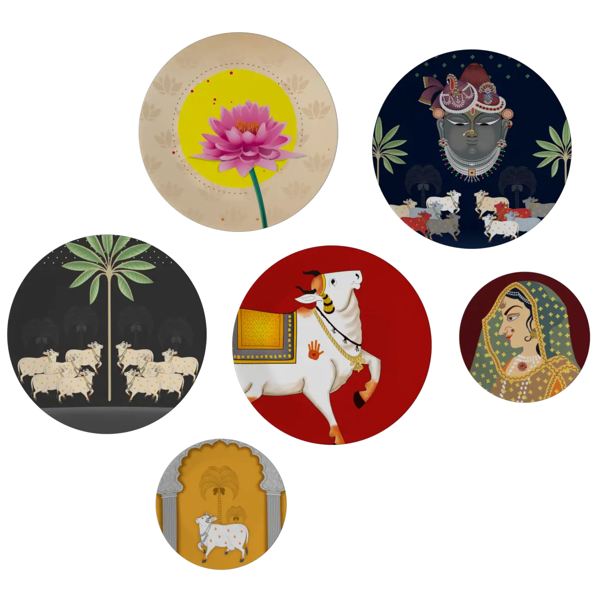 Decorative Wall Plates In Radha Krishna Artistic Pichhwai Design Set Of 6