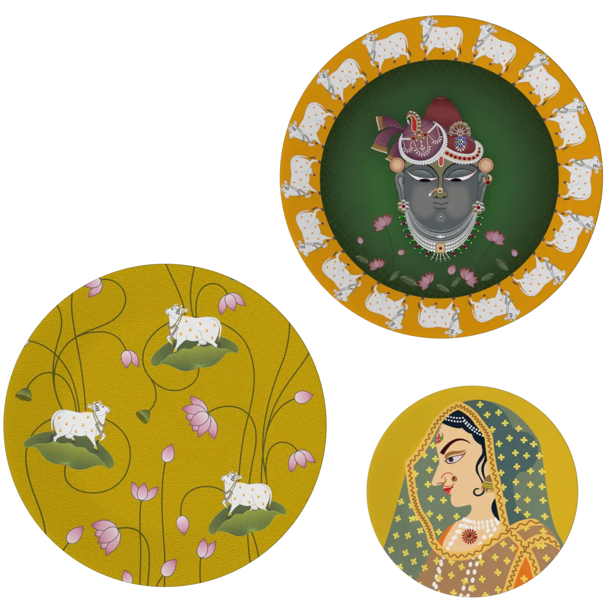 Decorative Wall Plates In Radha Krishna Yellow & Green Pichhwai Design Set Of 3