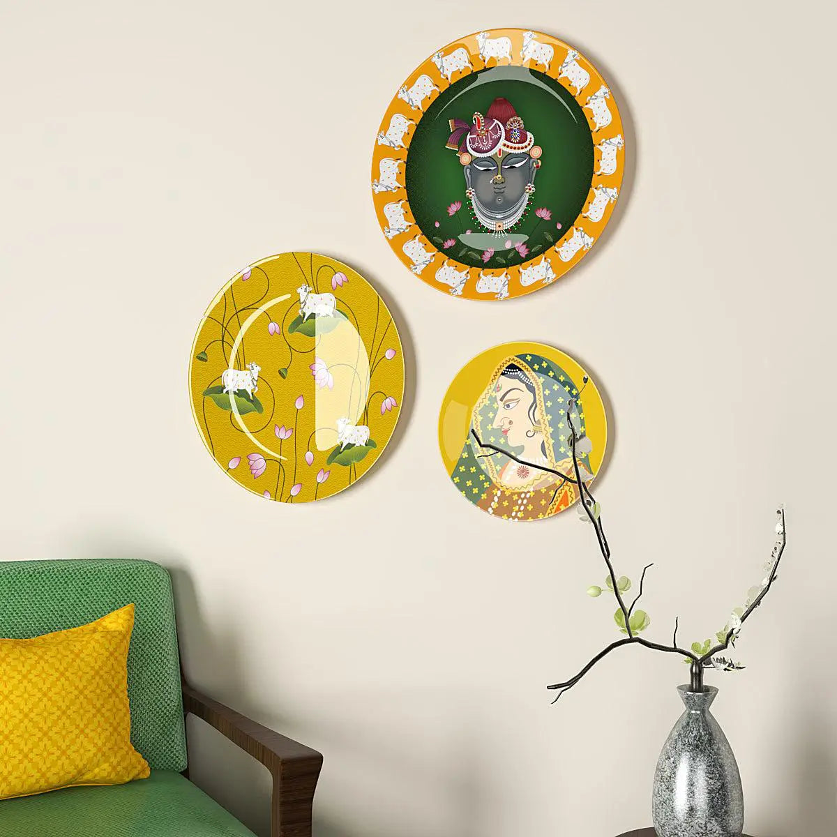 Decorative Wall Plates In Radha Krishna Yellow & Green Pichhwai Design Set Of 3