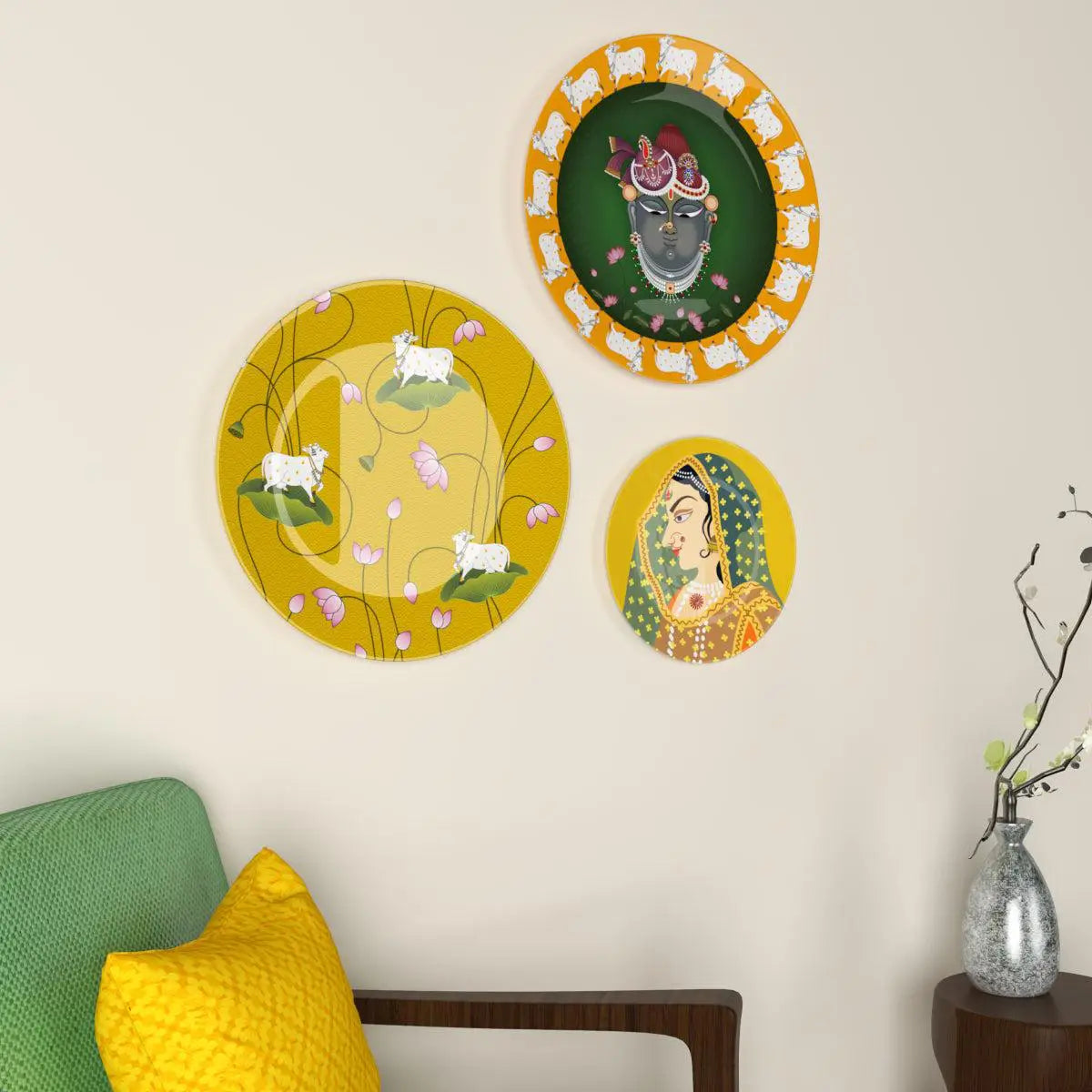 Decorative Wall Plates In Radha Krishna Yellow & Green Pichhwai Design Set Of 3
