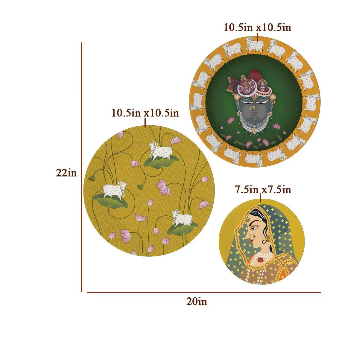 Decorative Wall Plates In Radha Krishna Yellow & Green Pichhwai Design Set Of 3