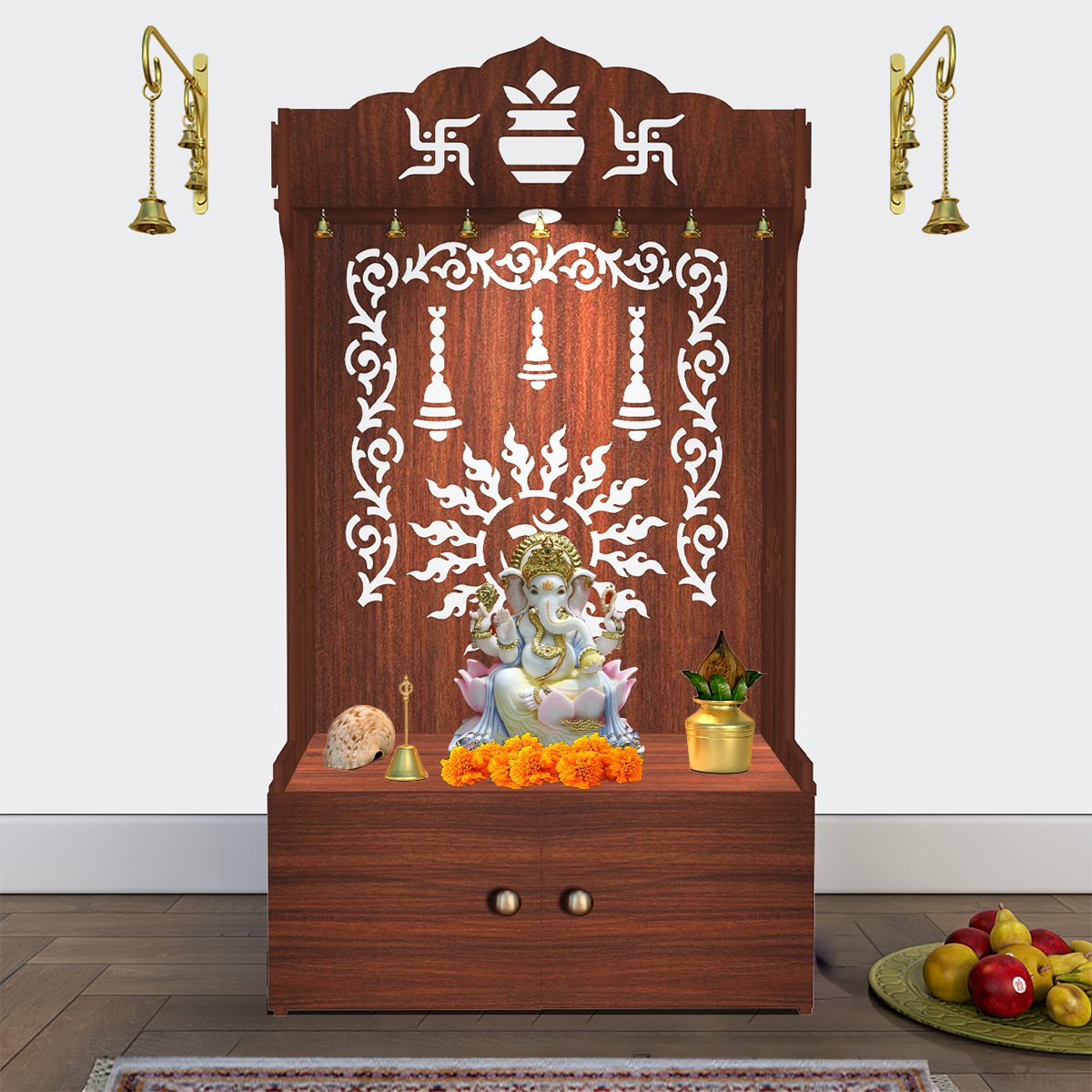 Divine Aesthetic Wooden Temple for Home with Spacious Shelf & Inbuilt Focus Light