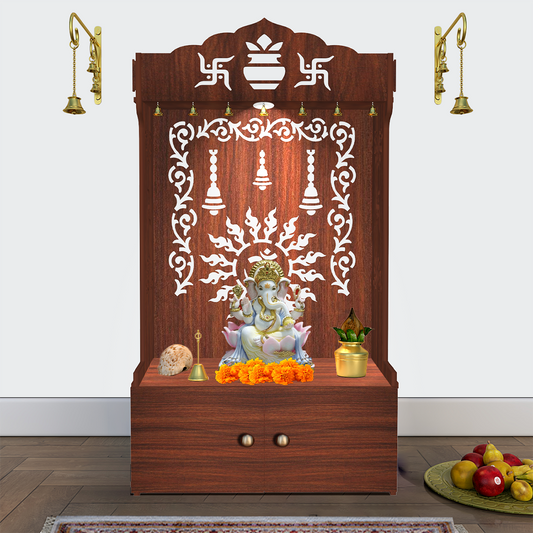 Divine Aesthetic Wooden Temple for Home with Spacious Shelf & Inbuilt Focus Light
