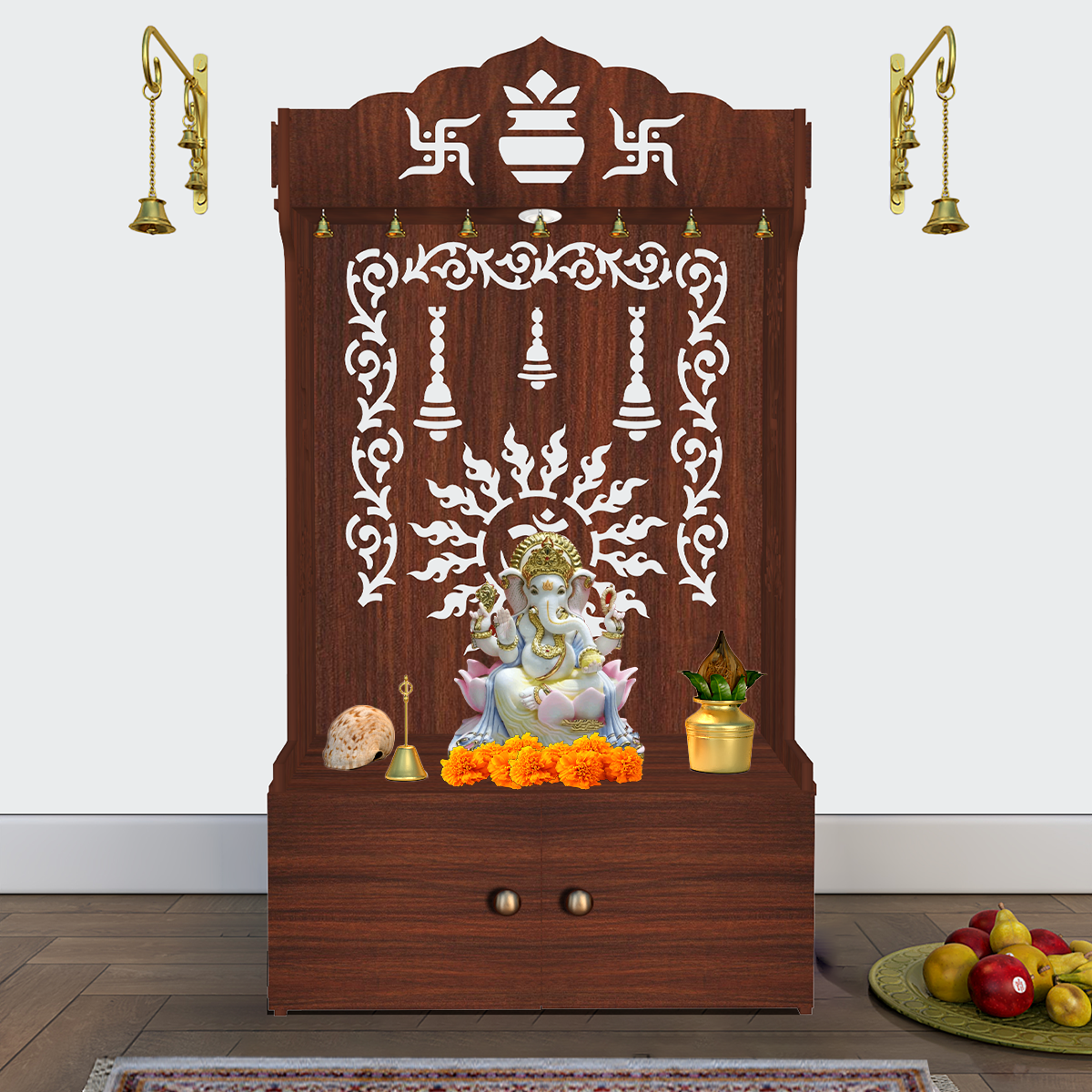 Divine Aesthetic Wooden Temple for Home with Spacious Shelf & Inbuilt Focus Light