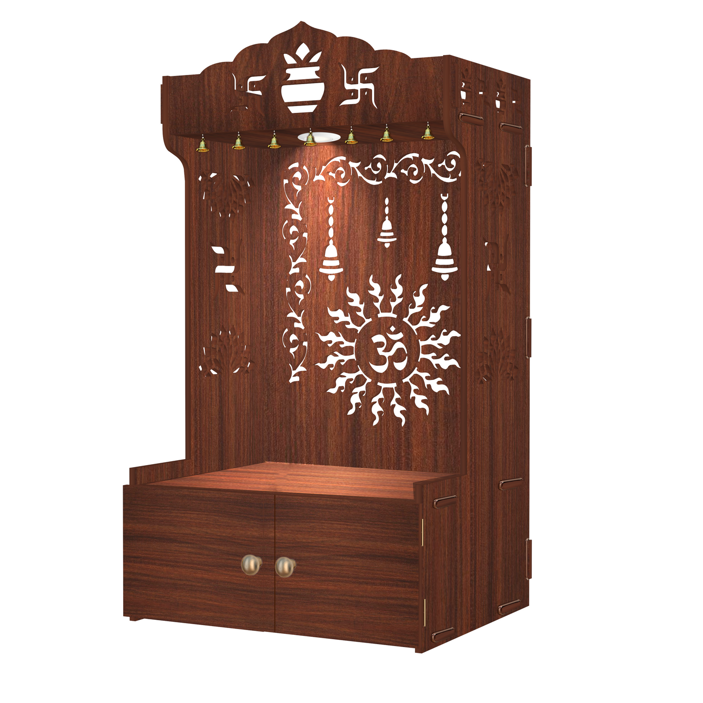Divine Aesthetic Wooden Temple for Home with Spacious Shelf & Inbuilt Focus Light