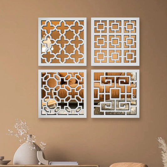 Royal Intricate Pattern Wooden Mirror Wall Art Decorative Mirror- Set of 4