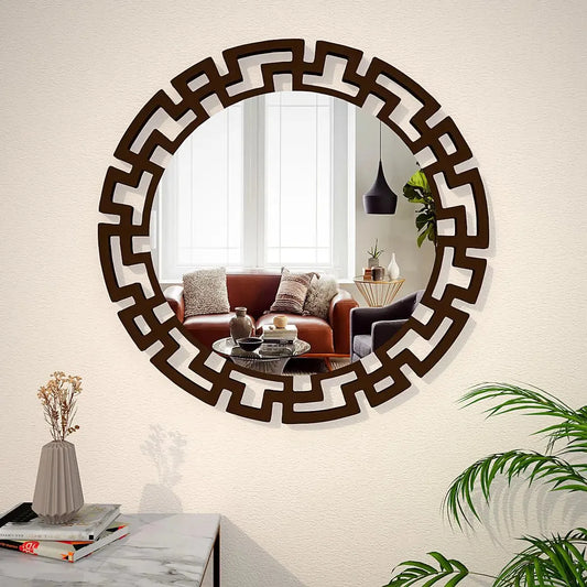 Modern Decorative Walnut Finish Round Vanity Mirror