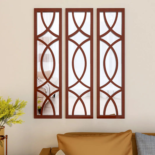 Premium Geometric Design Set of 3 Wooden Frame Wall Mirror / Decorative Wall Decor - Brown Finish
