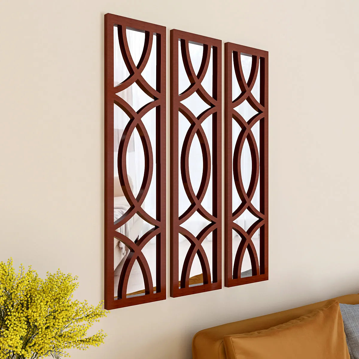 Premium Geometric Design Set of 3 Wooden Frame Wall Mirror / Decorative Wall Decor - Brown Finish
