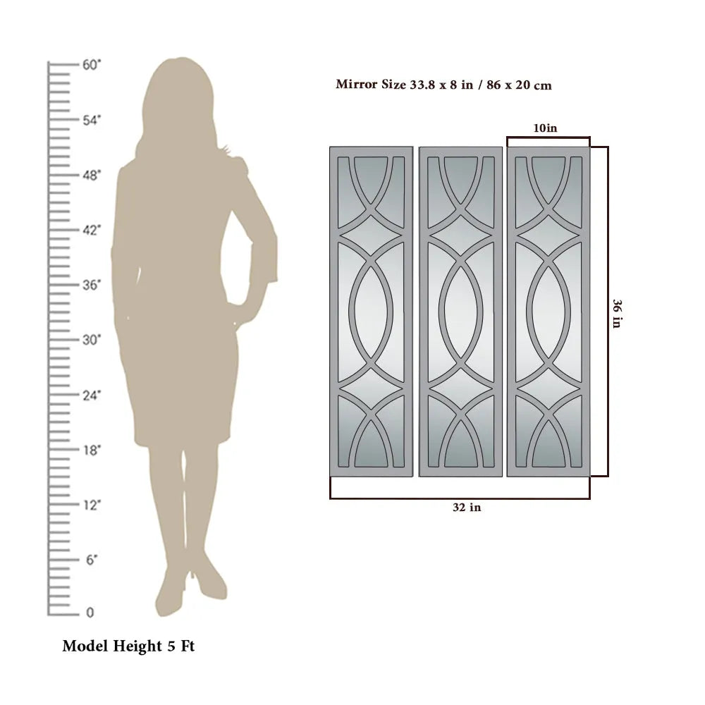 Premium Geometric Design Set of 3 Wooden Frame Wall Mirror / Decorative Wall Decor - Brown Finish