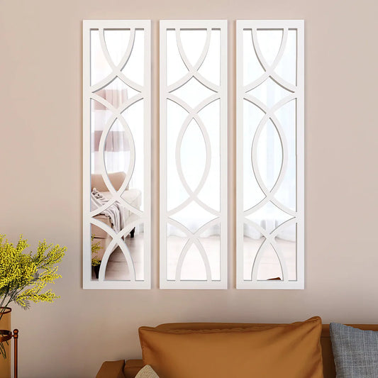 Premium Geometric Design Set of 3 Wooden Frame Wall Mirror / Decorative Wall Decor - Whit Finish