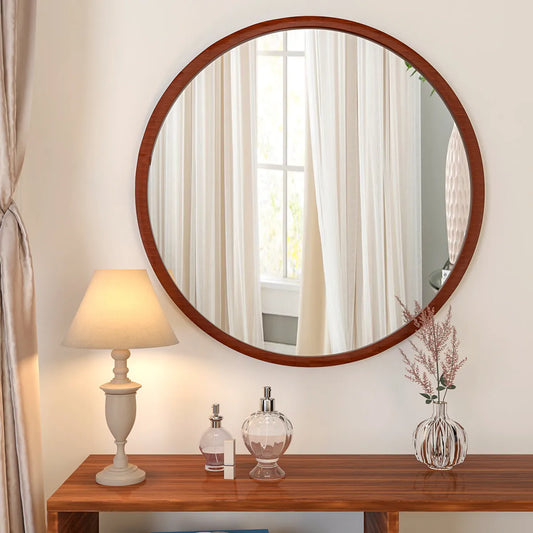 Minimalist Walnut (Brown) Finish Wooden Round Wall Mirror