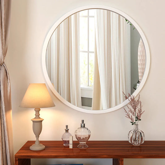 Minimalist White Finish Wooden Round Wall Mirror