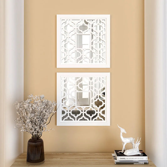Set of 2 Wooden Frame Bohemian Style Decorative Wall Mirror