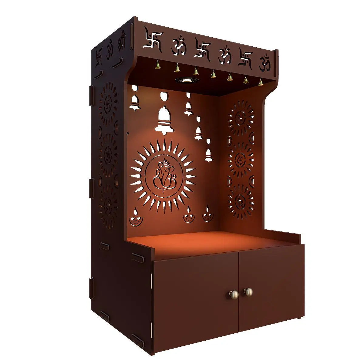 Divine Wooden Home Temple with Spacious Shelf & Inbuilt Focus Light - Brown Finish