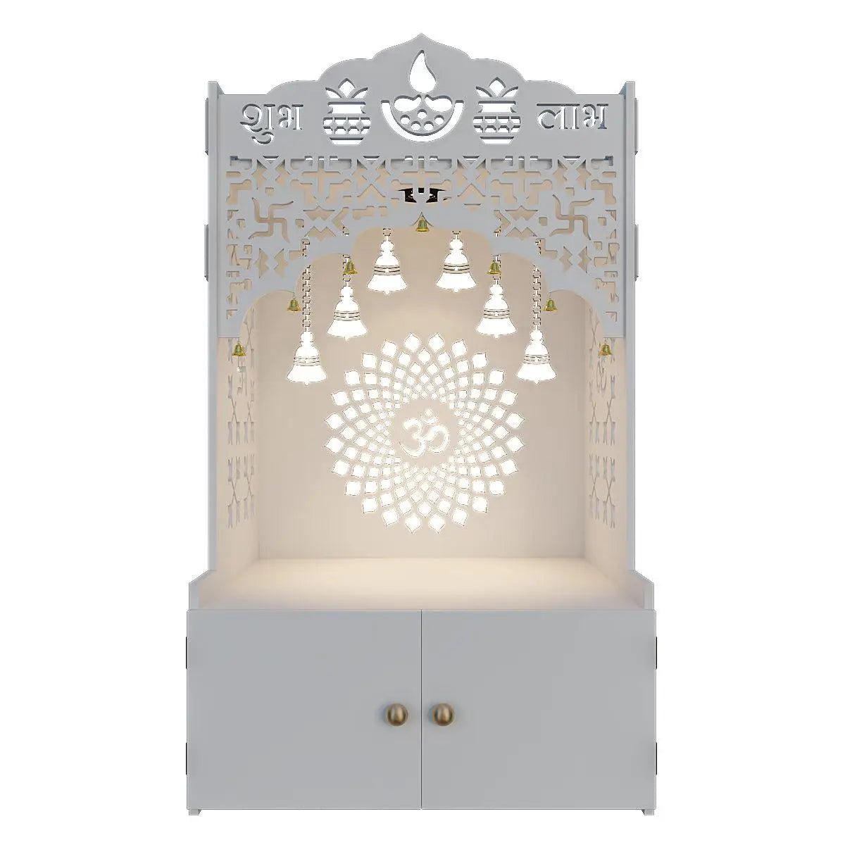 Divine Wooden Temple for Serenity With Spacious Shelf & Inbuilt Focus Light - White Color