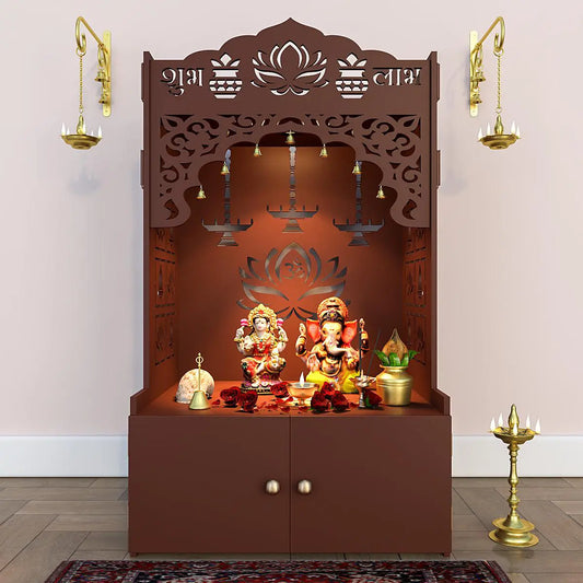 Lotus Tranquility Brown Finish Wooden Temple for Home with Inbuilt Focus Lights & Spacious Shelf