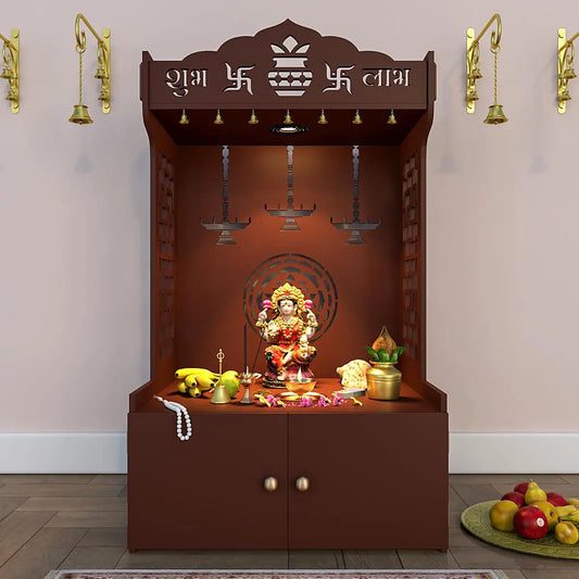 Divine Timeless Wooden Temple for Home with Inbuilt Focus Light & Spacious Shelf - Brown Finish