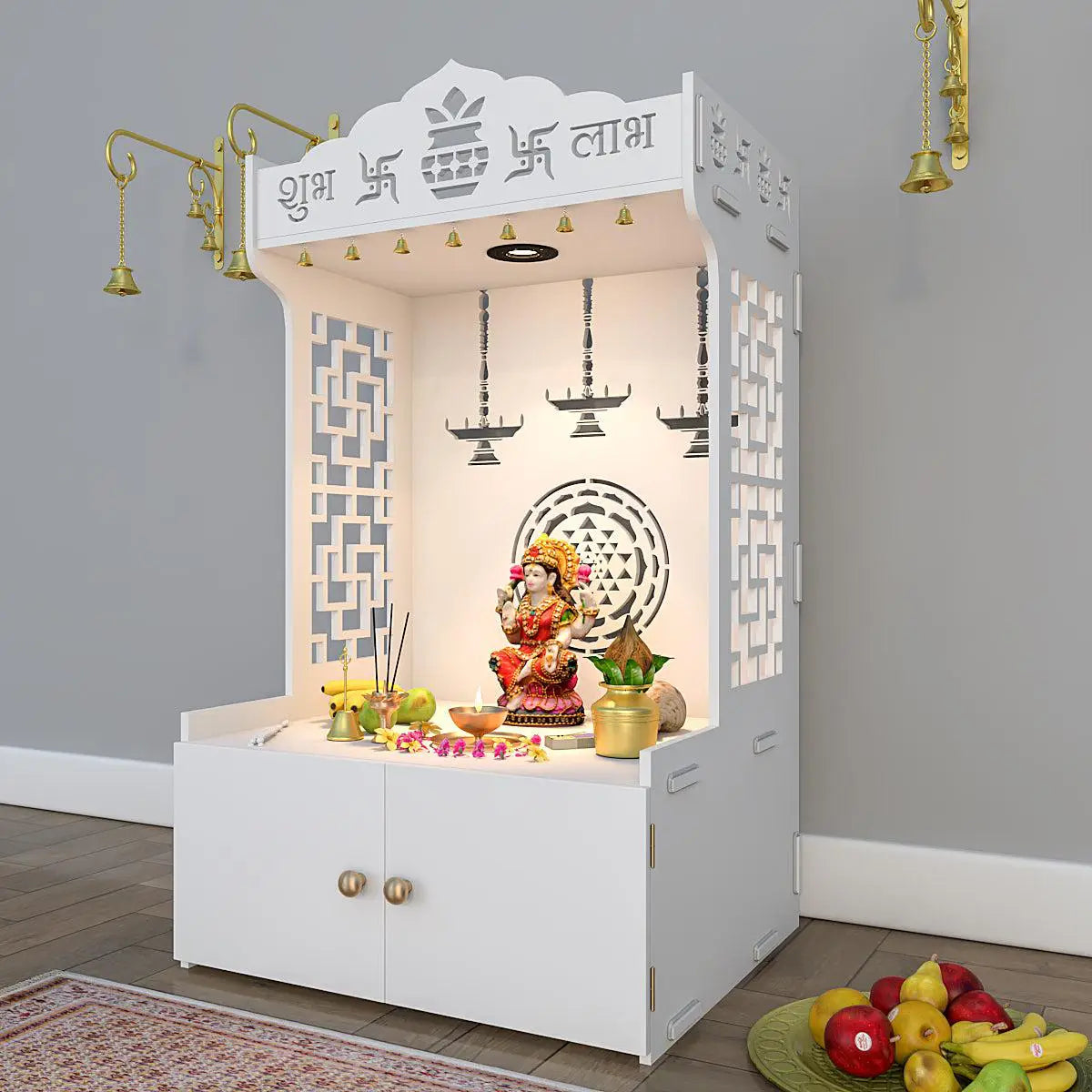 Divine Timeless Wooden Temple for Home with Inbuilt Focus Light - White Color