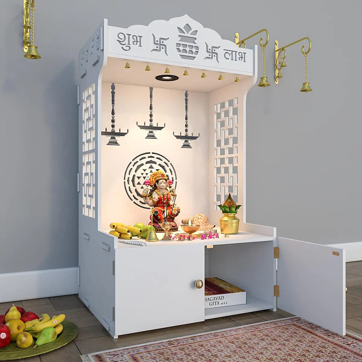 Divine Timeless Wooden Temple for Home with Inbuilt Focus Light - White Color