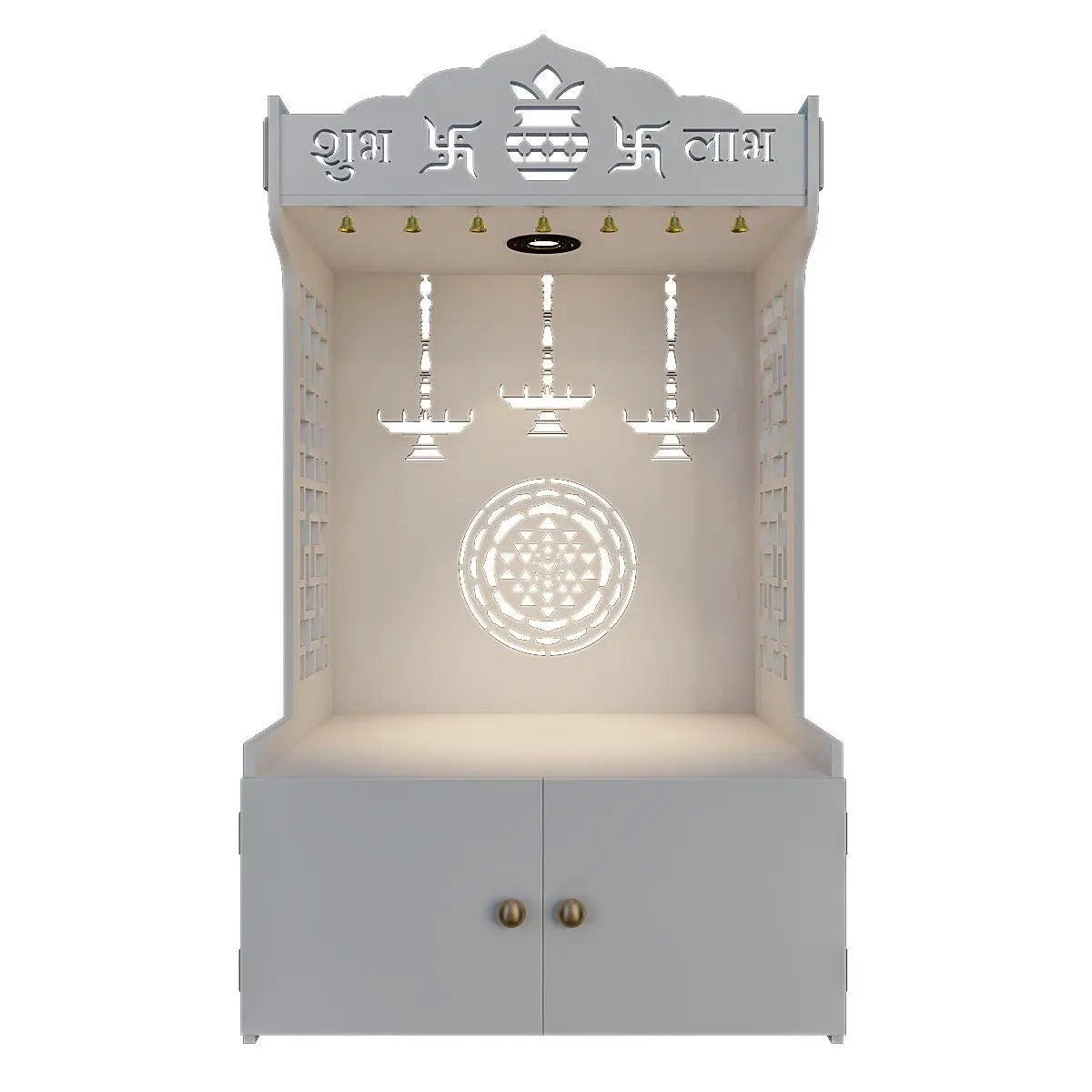 Divine Timeless Wooden Temple for Home with Inbuilt Focus Light - White Color