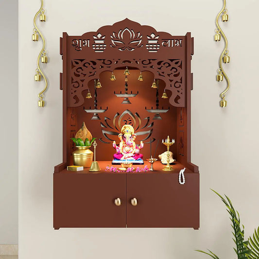 Lotus Tranquility Wooden Wall Mounted Temple for Home with Inbuilt Focus Lights & Spacious Shelf