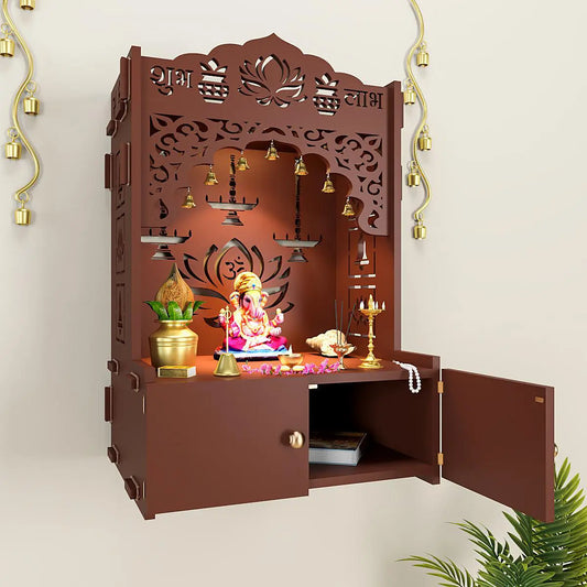 Lotus Tranquility Wooden Wall Mounted Temple for Home with Inbuilt Focus Lights & Spacious Shelf