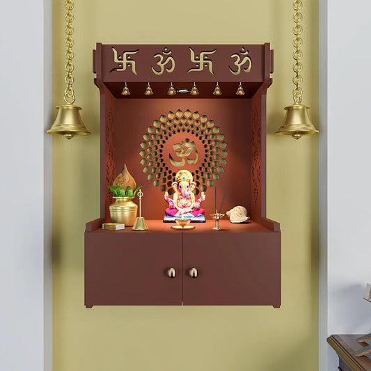 Divine illumination Om Chakra Wall Mounted Wood Temple with Inbuilt Focus Light & Spacious Shelf - Brown Finish