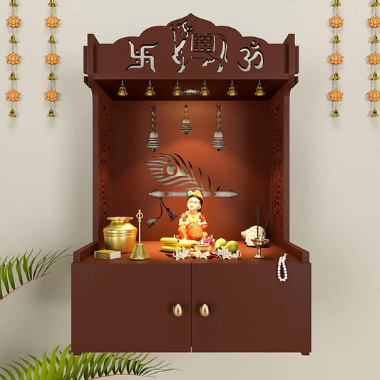 Krishna's Grace Mor Pankh Wall Mounted Wooden Home Temple with Inbuilt focus light & Spacious Shelf - Brown Finish