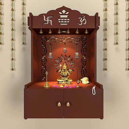 Premium Wall Temple with Inbuilt Focus Light & Spacious Shelf - Brown Finish