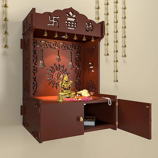 Premium Wall Temple with Inbuilt Focus Light & Spacious Shelf - Brown Finish