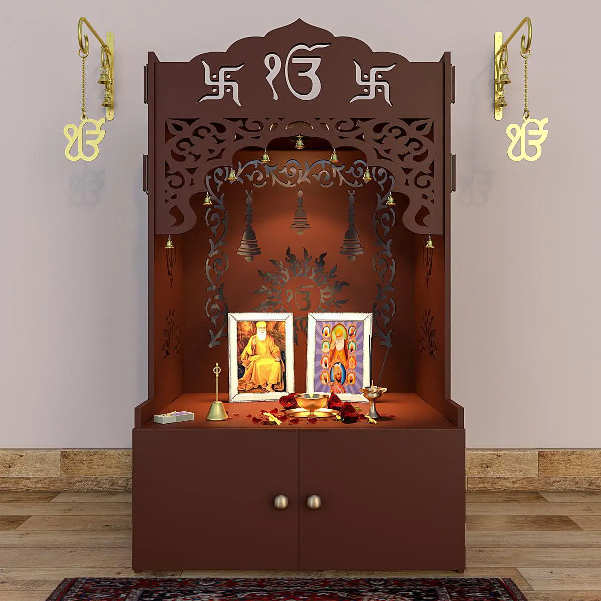 Ek Omkar Serenity Home Temple With Inbuilt Focus Light & Spacious Shelf - Brown Finish