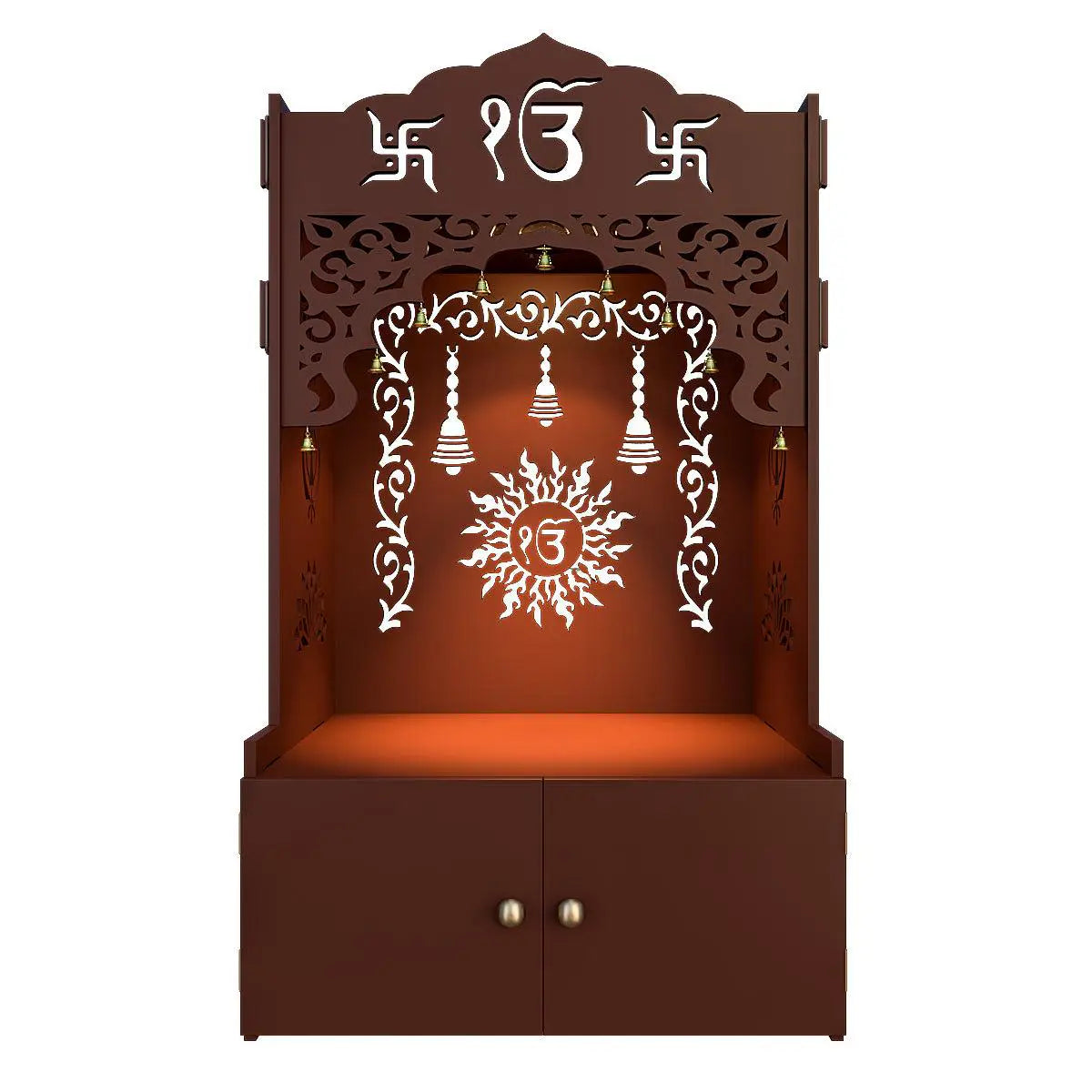 Ek Omkar Serenity Home Temple With Inbuilt Focus Light & Spacious Shelf - Brown Finish