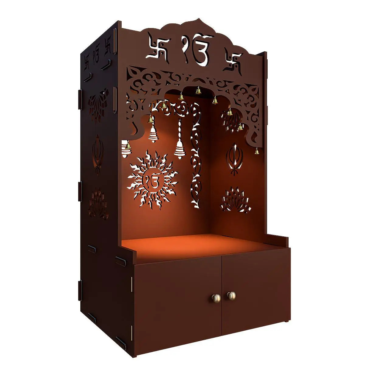 Ek Omkar Serenity Home Temple With Inbuilt Focus Light & Spacious Shelf - Brown Finish