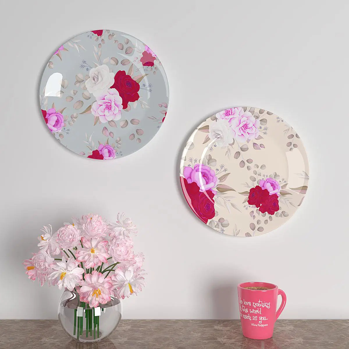 Homscape - Luxury Wall Plates With Beautiful Rose Flower Pattern Art' Decorative Plate Wall Hanging.