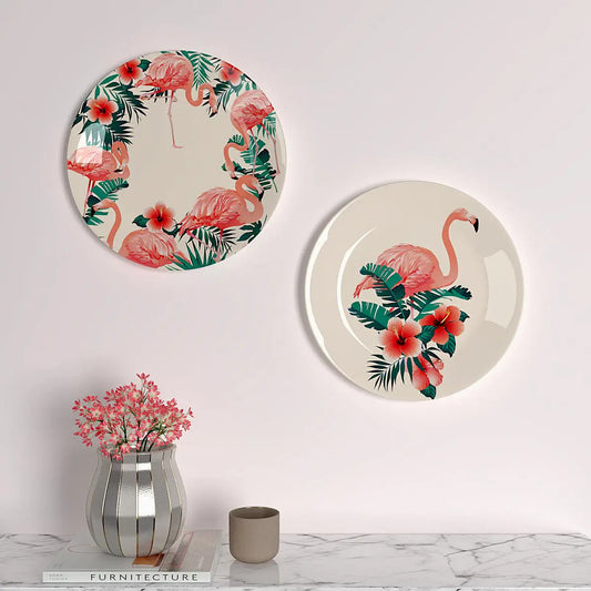 Homscape - Luxury Wall Plates With Flamingo Flowers Pattern, Wall Hanging.