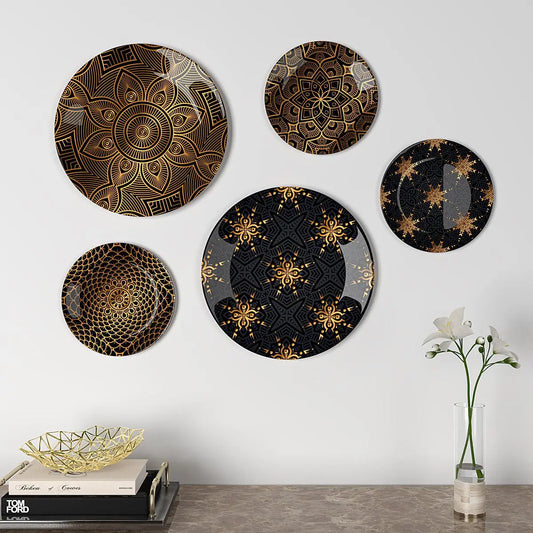 Homscape - Decorative Wall Plates In Black Golden Abstract Floral Design Set Of 5