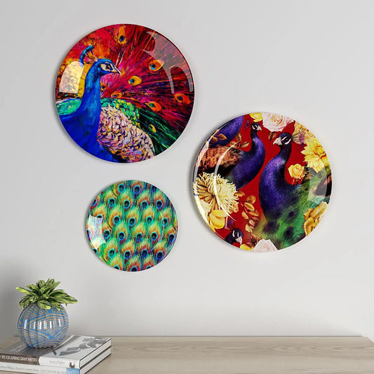 Homscape - Decorative Wall Plates In Vibrant Peacock Design Set Of 3