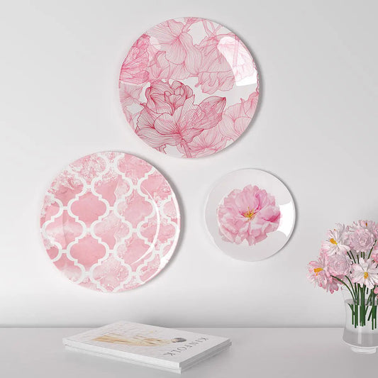 Homscape - Decorative Wall Plates In Pink Abstract Floral Design Set Of 3