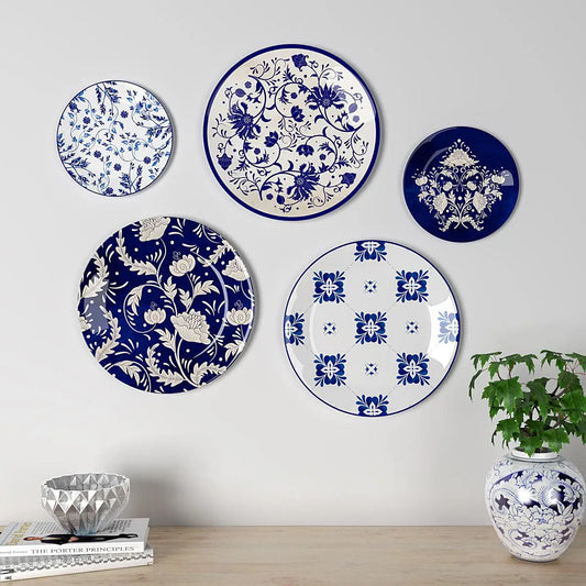 Homscape - Decorative Wall Plates In Rajasthani Blue Pottery Handcrafted Design Set Of 5
