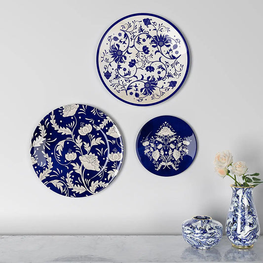 Homscape - Decorative Wall Plates In Rajasthani Blue Pottery Handcrafted Design Set Of 3