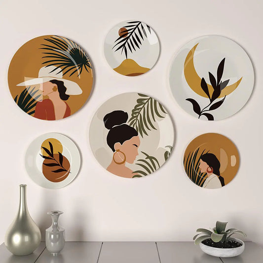 Homscape - Decorative Wall Plates In Boho Chic Ladies Design Set Of 6